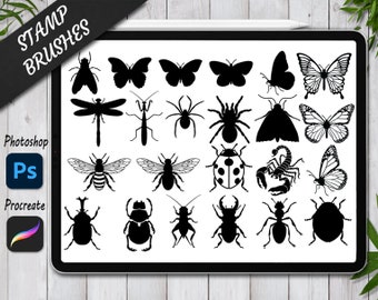 May include: A set of 20 black and white insect stamp brushes for digital art. The brushes include a dragonfly, butterfly, moth, spider, beetle, scorpion, and more. The brushes are designed for use in Photoshop and Procreate.