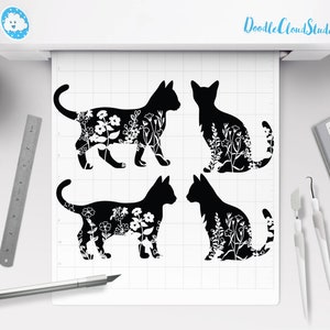 Floral Cat SVG, Cat SVG Files for Silhouette Cameo & Cricut.Floral Animal,Floral Cat Silhouette SVG, Cat With Flower, Wildflower Cat Clipart image 1