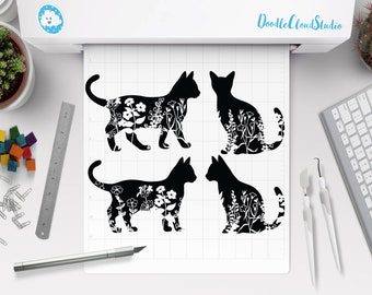 Floral Cat SVG, Cat SVG Files for Silhouette Cameo & Cricut.Floral Animal,Floral Cat Silhouette SVG, Cat With Flower, Wildflower Cat Clipart