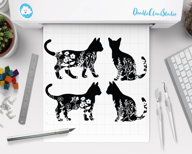 Floral Cat SVG, Cat SVG Files for Silhouette Cameo & Cricut.Floral Animal,Floral Cat Silhouette SVG, Cat With Flower, Wildflower Cat Clipart image 1