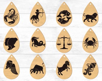Sternzeichen Ohrringe SVG-Dateien für Lasercutter und Glowforge, Holz Sternzeichen Ohrring Anhänger Vorlage, 12 Horoskop Laser-Datei, Sternzeichen Schmuck SVG.