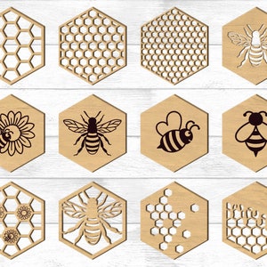 May include: Twelve hexagonal wooden cutouts with various bee and honeycomb designs. The designs include bees with wings, bees with hearts, bees with flowers, and honeycomb patterns.