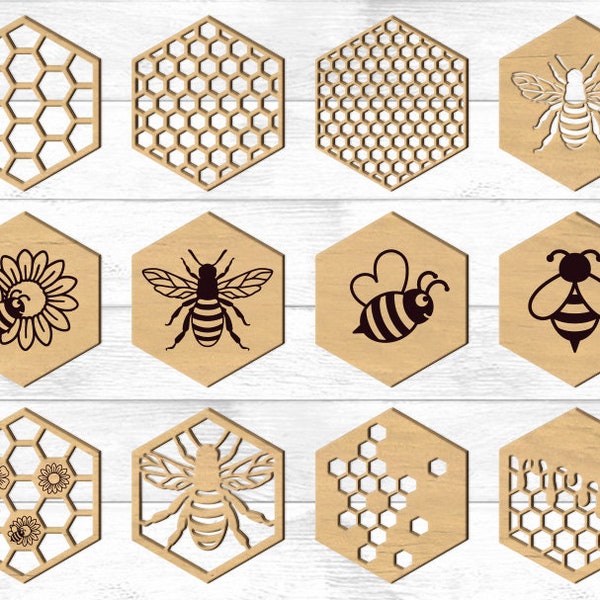 Biene sechseckige Untersetzer Trivet Vorlagen SVG, Wohnkultur, Wanddekoration, Vektorvorlagen. Glowforge, Laser Cutter, Cricut Maker, Laser Cut Files