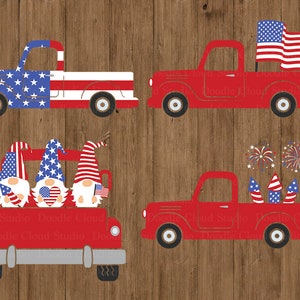 Camion SVG, fichiers SVG de camion patriotique pour Silhouette et Cricut. Camion rouge patriotique avec gnomes Svg, drapeau américain, feux d'artifice, 4 juillet Svg