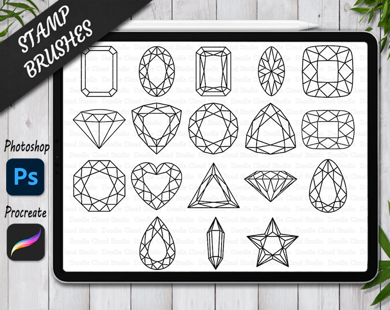 Gemstone & Diamond Stamp Brushes for Procreate and Photoshop – 36 Jewel Stamps (Filled & Outline)