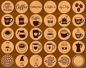 Archivos SVG de posavasos de café para cortadora láser y Glowforge, 30 posavasos redondos para café y té, SVG de decoración del hogar, decoración de cocina, salvamanteles para parrilla.