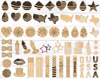 May include: A set of 30 laser cut wood shapes featuring patriotic designs, including stars, stripes, fireworks, and the American flag. These shapes are perfect for crafting projects, home decor, and more.