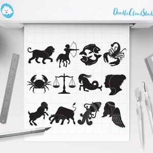 May include: Black and white silhouette illustrations of the 12 zodiac signs: Aries, Taurus, Gemini, Cancer, Leo, Virgo, Libra, Scorpio, Sagittarius, Capricorn, Aquarius, and Pisces.
