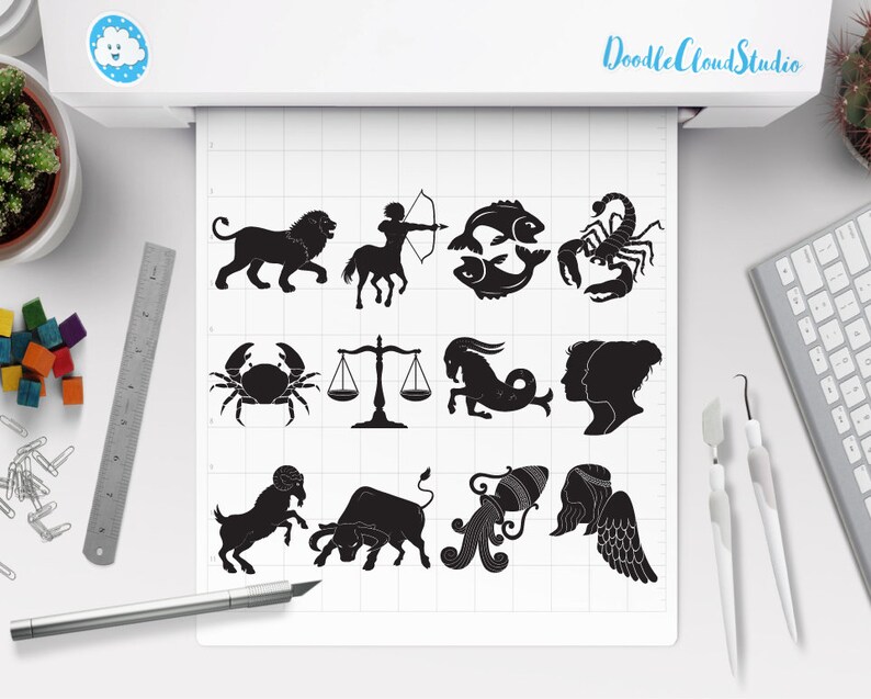 May include: Black and white silhouette illustrations of the 12 zodiac signs: Aries, Taurus, Gemini, Cancer, Leo, Virgo, Libra, Scorpio, Sagittarius, Capricorn, Aquarius, and Pisces.