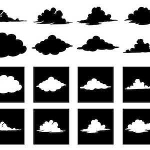 May include: A set of 12 black and white cloud illustrations. The clouds are in various shapes and sizes. Some clouds are solid black, while others are white with a black outline.