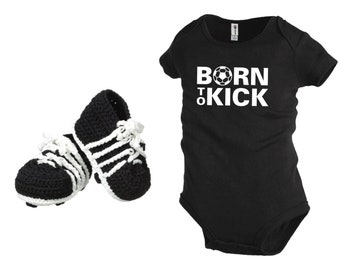 Born to Kick Soccer Baby Onepiece and Baby Soccer Crochet Cleat Booties Gift Pack (several colors)
