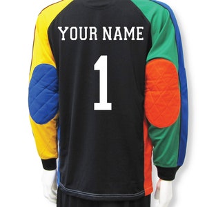 Multicolored soccer goalie jersey customized with name and number image 1