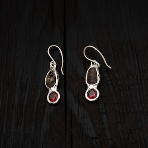 Silver earrings-stone from Baltic sea, One of the kind, Unique jewelry, Garnet hoop earrings, Nature inspired jewelry, Christmas gifts ideas