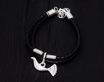 Waterbird Silver and Natural leather bracelet || Bird silver bracelet || Ethno bracelet || handmade nature jewelry