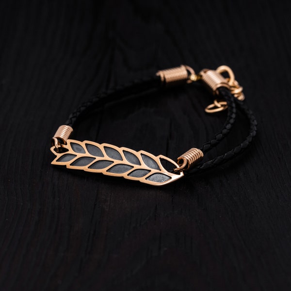 Bracelet de blé en bronze, Épi de blé, Bracelet en cuir noir, Bijoux inspirés de la nature, Idée cadeaux de Noël, Cadeau pour petit ami