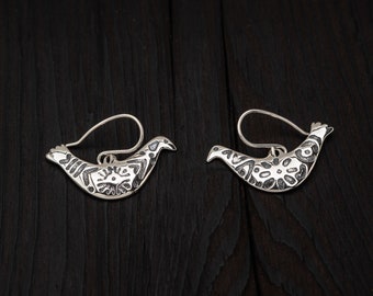 Silver Lucky bird ethno earrings || hippy earrings with birs || traditional jewelry || ethno inspired || boho earrings