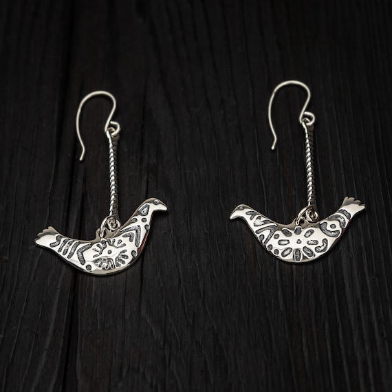 Long Silver Luck Bird Earrings Sterling Silver Bird Earings Ethno