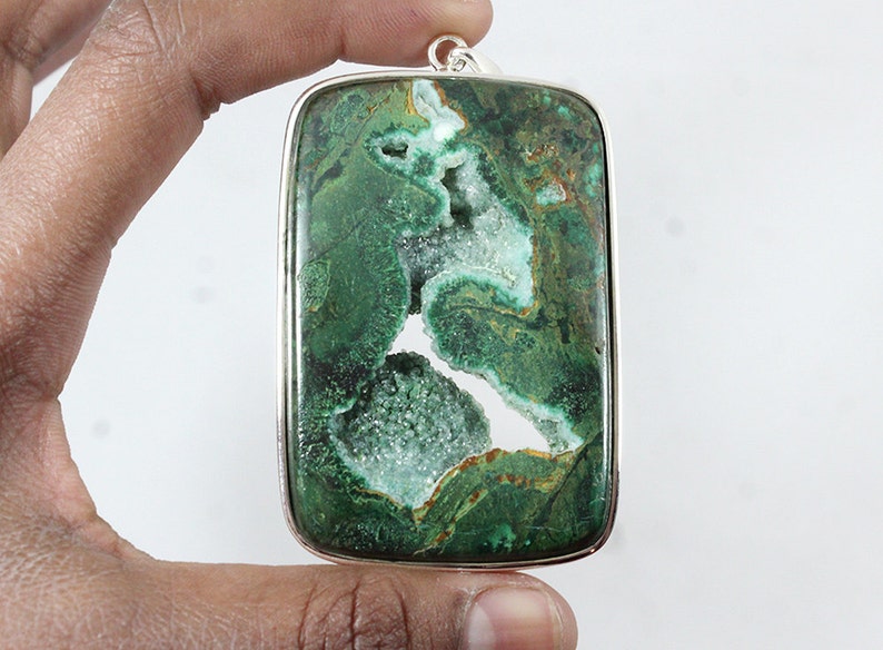 925 Solid Sterling Silver Natural Gemstone Green Chrysocolla P-49 CHRYSOCOLLA DRUZY Pendant 3.4 Long 320Ct