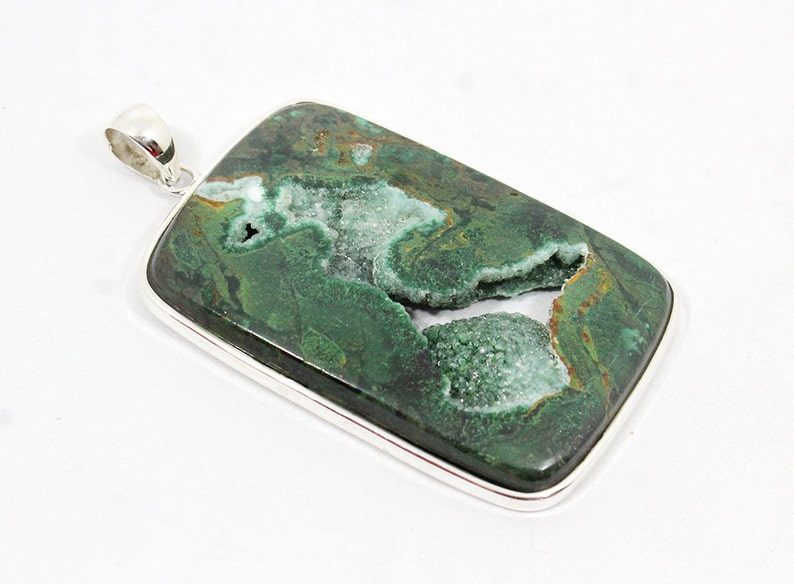 925 Solid Sterling Silver Natural Gemstone Green Chrysocolla P-49 CHRYSOCOLLA DRUZY Pendant 3.4 Long 320Ct