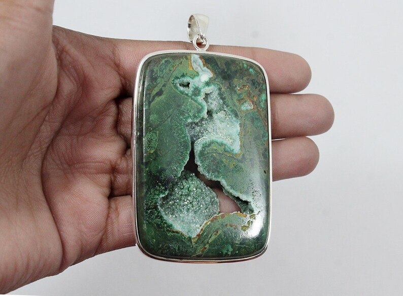 925 Solid Sterling Silver Natural Gemstone Green Chrysocolla P-49 CHRYSOCOLLA DRUZY Pendant 3.4 Long 320Ct