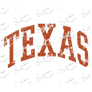 Könnte beinhalten: Eine verwitterte, braune Grafik im Vintage-Stil des Wortes "TEXAS" in einer fetten, gewölbten Schrift.