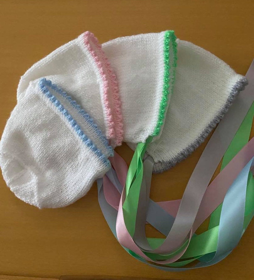 Hand knitted baby hat with colour picot edging and ribbon choose a colour and size