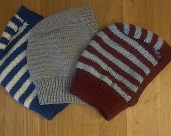 hand knitted winter warm balaclava for boy or girl age 1 to 12 years. Plain or striped can be football or team colours