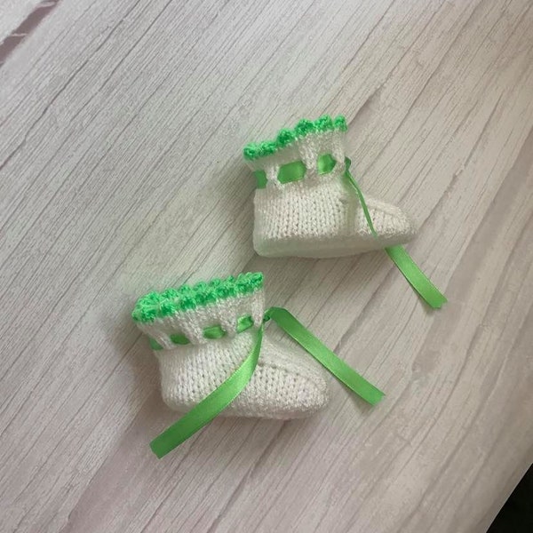 baby bootees hand knitted with colour picot edging and ribbon choose a colour and size