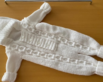 baby all in one suit or pram suit with hood age 3 - 6 months choice of colour hand knitted onesie