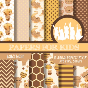 Baby Bear, Digital Paper, Baby Shower, Baby Bear Background, Brown and Yellow Background, First Birthday, Papers for Kids