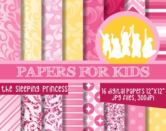 Puede incluir: Un conjunto de 16 papeles digitales para niños, con patrones rosas, amarillos y blancos. Los papeles miden 30,5 cm por 30,5 cm y tienen una resolución de 300 dpi. Los papeles están diseñados para su uso en scrapbooking, creación de tarjetas y otros proyectos de manualidades. El texto "PAPERS FOR KIDS" y "the sleeping princess" está incluido en la imagen.
