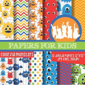 Colorful Monsters, Digital Paper, Birthday, Monsters Background, Monster Party, First Birthday, Papers for Kids