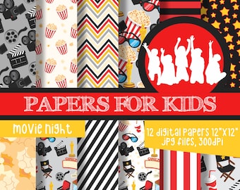 May include: Twelve digital papers featuring movie night themed patterns. The patterns include popcorn, film reels, movie clapperboards, stars, and stripes. The papers are 12 inches by 12 inches and 300 dpi.