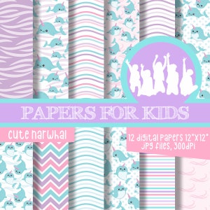 Narval fofo, animais fofos, papel digital, aniversário, fundo de narval, chá de bebê, menino, menina, papéis para crianças