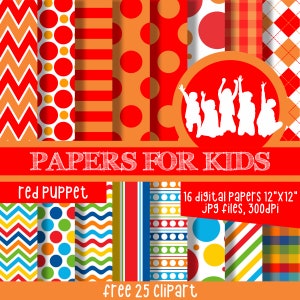 May include: A collection of colorful digital papers with various patterns, including polka dots, stripes, and zigzags. The image includes the text "PAPERS FOR KIDS", "red puppet", and "16 digital Papers 12"X12" JPG files, 300dpi".