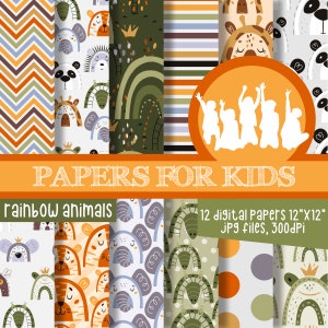 Rainbow Animals Faces, Digital Paper, Birthday, Colors Background, Animal Faces Background, Papers for Kids