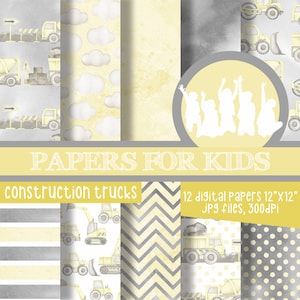 Camion da costruzione, carta digitale, compleanno, sfondo di costruzione, baby shower, carte per bambini