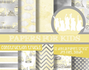 Camion da costruzione, carta digitale, compleanno, sfondo di costruzione, baby shower, carte per bambini