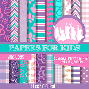 Doc Toys, Digital Papers, Clipart, Purple and Pink Background, Birthday, Girls, Papers for Kids