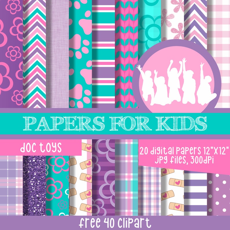 Doc Toys, Digital Papers, Clipart, Purple and Pink Background, Birthday, Girls, Papers for Kids image 1
