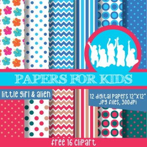 Petite fille et extraterrestre, papiers numériques, film, fête à Hawaï, enfants, invitation, arrière-plan, anniversaire, clipart