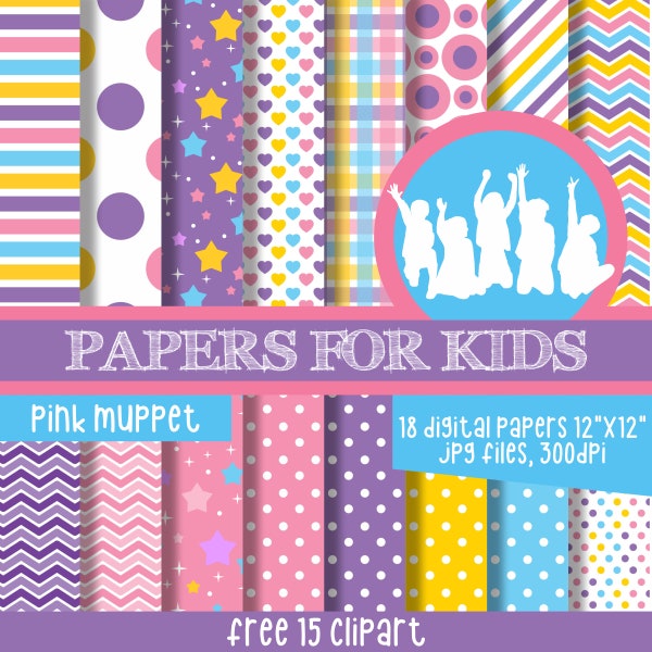Pink Muppet, Pink Puppet, Puppets Street, Digital Paper, Birthday, Street of Colors, Pink, Purple and Blue Background, Papers for Kids