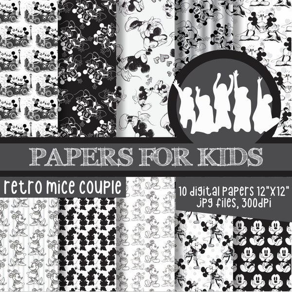 Retro Mice Couple, Digital Papers, Mickey and Minnie, Kids, Invitation, Background, Birthday, Clipart, Papers for kids