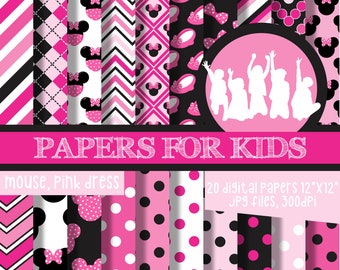 Mouse in the Pink Dress, Digital Papers, Pink Minnie, Girls, Invitation, Background, Birthday, Clip art, Papers for Kids