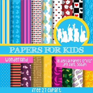 Wonderland, Blonde in Blue Dress, Hatter, Smiling Cat, Queen of Hearts, Teacup, Digital Paper, Birthday, Clipart, Papers for kids