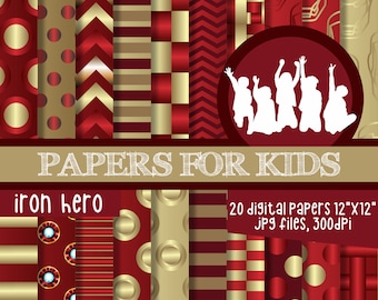 Iron Hero, Digital Papers, Gold and Red Wine Background, Boys, Superhero Background, Birthday, Superhero, Clipart, Papers for Kids