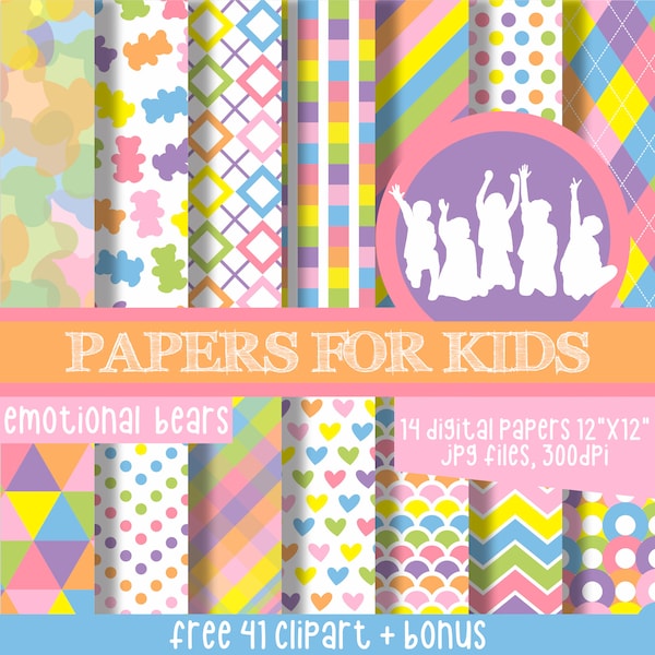 Emotional Bears, Digital Papers, Kids, Gummi Bears Background, Clipart, Care Bears Party Theme, Papers for Kids