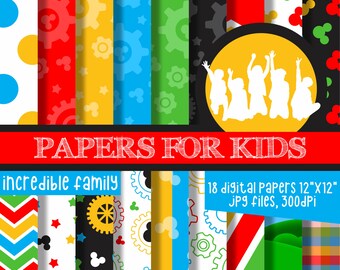 Könnte beinhalten: Ein Set mit 18 digitalen Papieren mit bunten Mustern mit Zahnrädern, Sternen und Mickey-Maus-Silhouetten. Die Papiere sind 30,5 cm x 30,5 cm groß und haben eine Auflösung von 300 dpi. Der Text "PAPERS FOR KIDS" ist in Rot und Weiß geschrieben. Der Text "incredible family" ist in Schwarz geschrieben. Der Text "18 digitale Papiere 30,5 cm x 30,5 cm JPG-Dateien, 300 dpi" ist in Schwarz geschrieben. Der Text "free 12 clipart + bonus" ist in Weiß geschrieben.