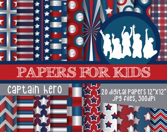 Captain Hero, Digital Papers, Boys, Blue and Red Background, American Hero, Birthday, Superhero, Clip art, Papers for Kids