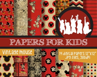 May include: A set of 14 digital papers featuring vintage Mickey Mouse designs. The papers are 12 inches by 12 inches and are 300 dpi. The papers are in a variety of colors, including red, yellow, black, and white. The papers are perfect for scrapbooking, card making, and other craft projects. The text "PAPERS FOR KIDS" is written in white on a red background. The text "Vintage Mouse" is written in white on a red background. The text "14 digital Papers 12"X12" JPG files, 300dpi" is written in white on a red background. The text "free 20 clipart" is written in white on a red background.